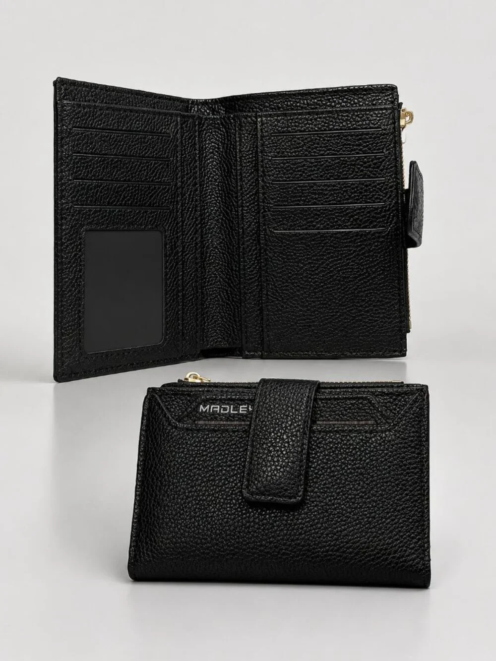 Madley Black Pebbled Leather Bifold Wallet Zip Coin Pocket Gold Hardware